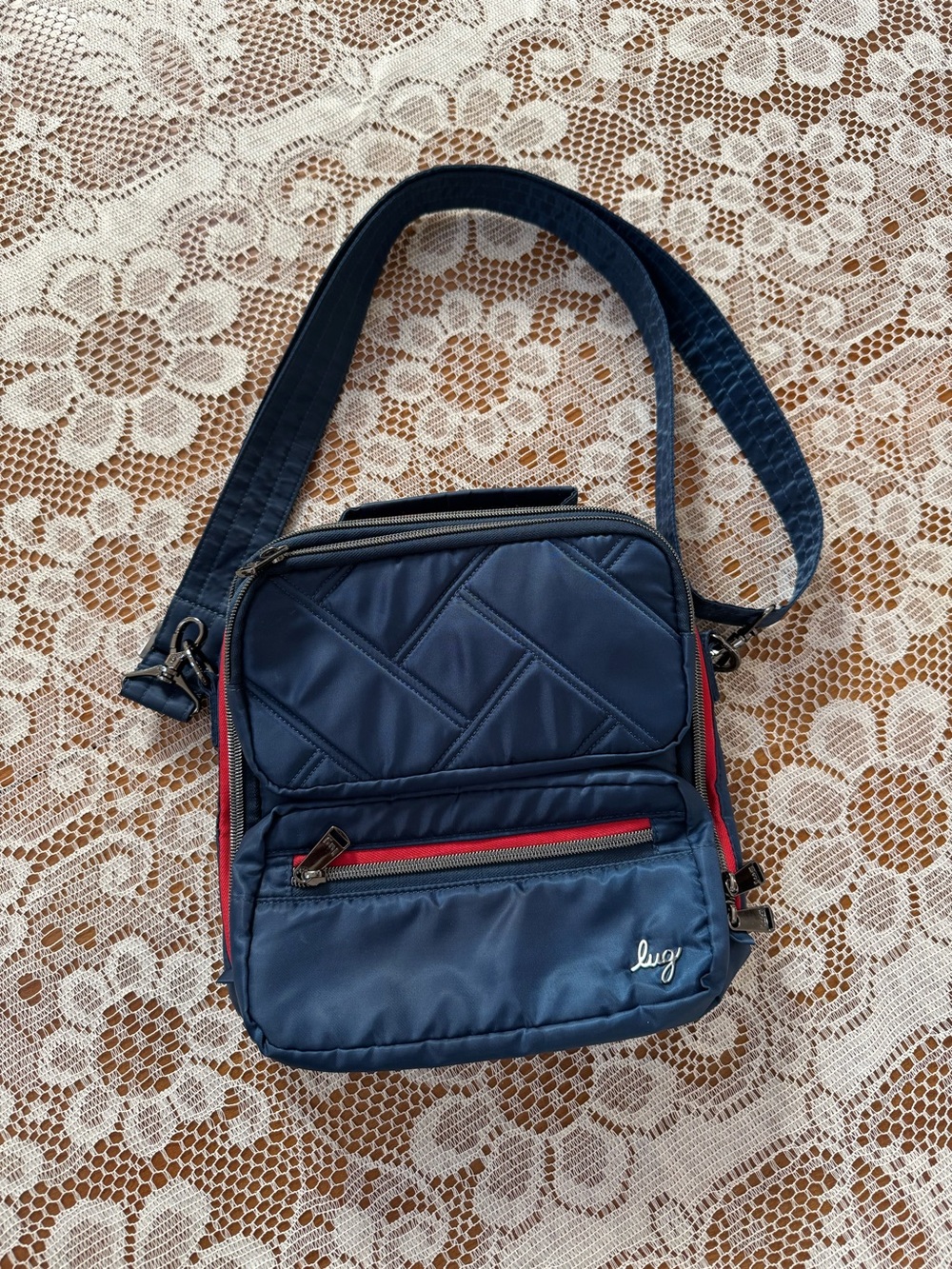 Lug Wrangler Crossbody Bag Navy Blue Red RFID Travel Organizer Purse Medium